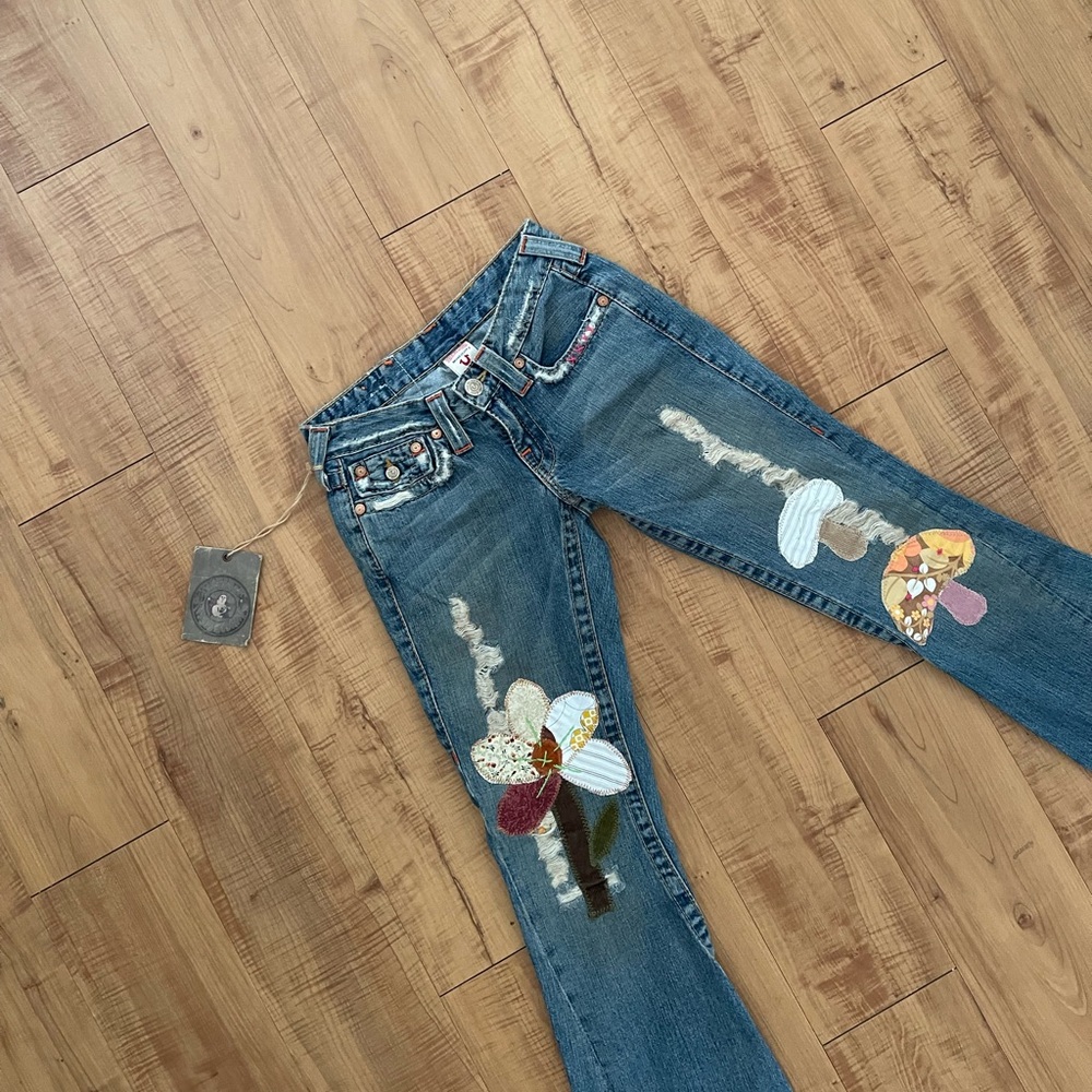 True Religion Joey Ashbury Mushrooms Flowers Patches Low 7” Rise Y2K Jeans BNWT
